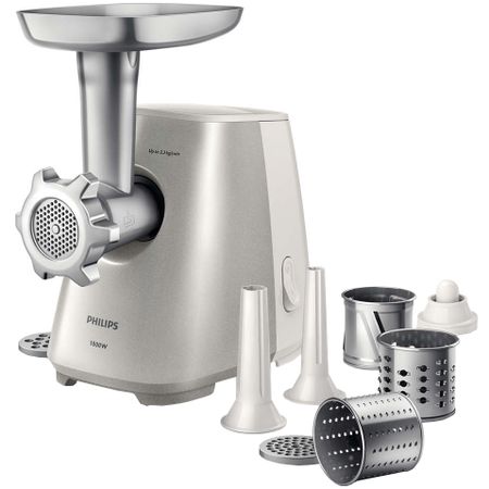 Masina de tocat carne Philips Viva Collection HR2723/20, 1800W, 2.3 Kg/min, 3 discuri pentru tocat, Accesorii pentru umplerea carnatilor, Alb/Gri